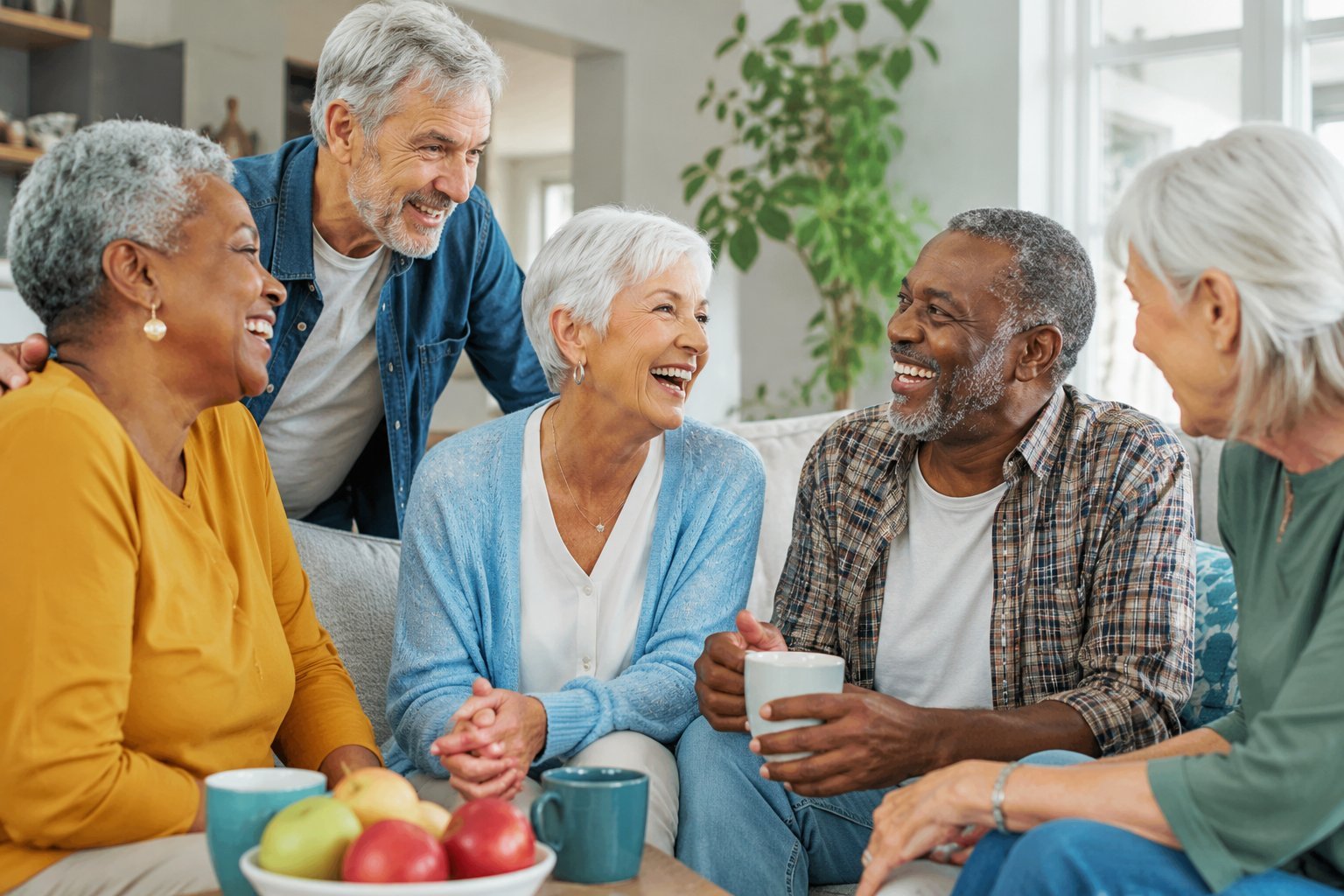Group of diverse senior adults laughing and socializing together in a bright living room with coffee cups and fresh fruit
