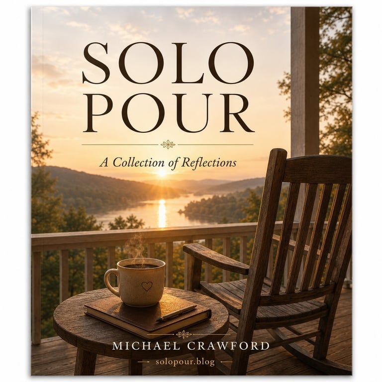 Book cover for Solo Pour showing a wooden chair and coffee cup on a deck overlooking a lake at sunset