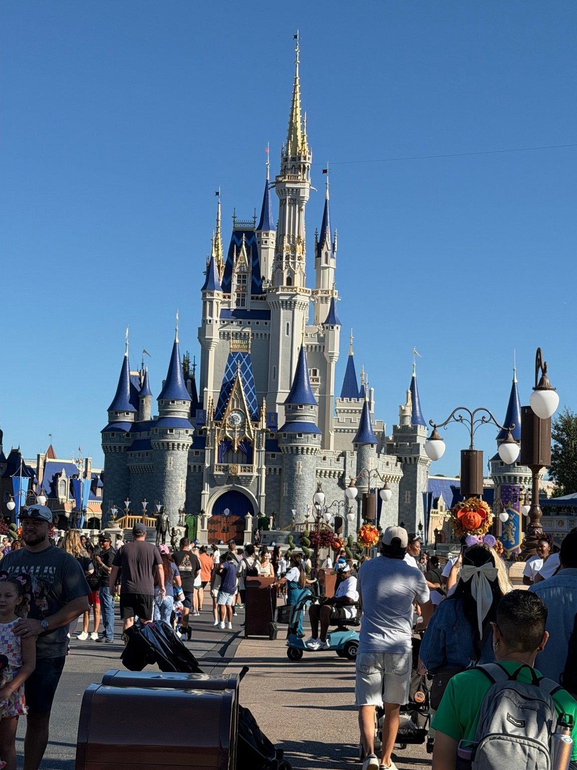 Cinderellas Castle at Disney theme park with crowds of visitors in front on a clear blue sky day